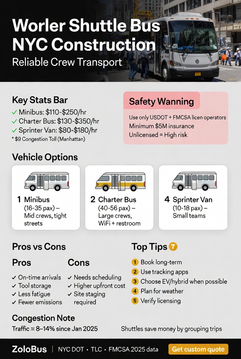 Infographic worker shuttle bus NYC construction