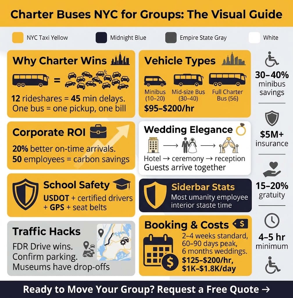 Charter Buses NYC for Groups: A No-Nonsense 2026 Guide from Someone Who's Been Stuck in Midtown Traffic Too Many Times 4 Infographic charter buses nyc for groups